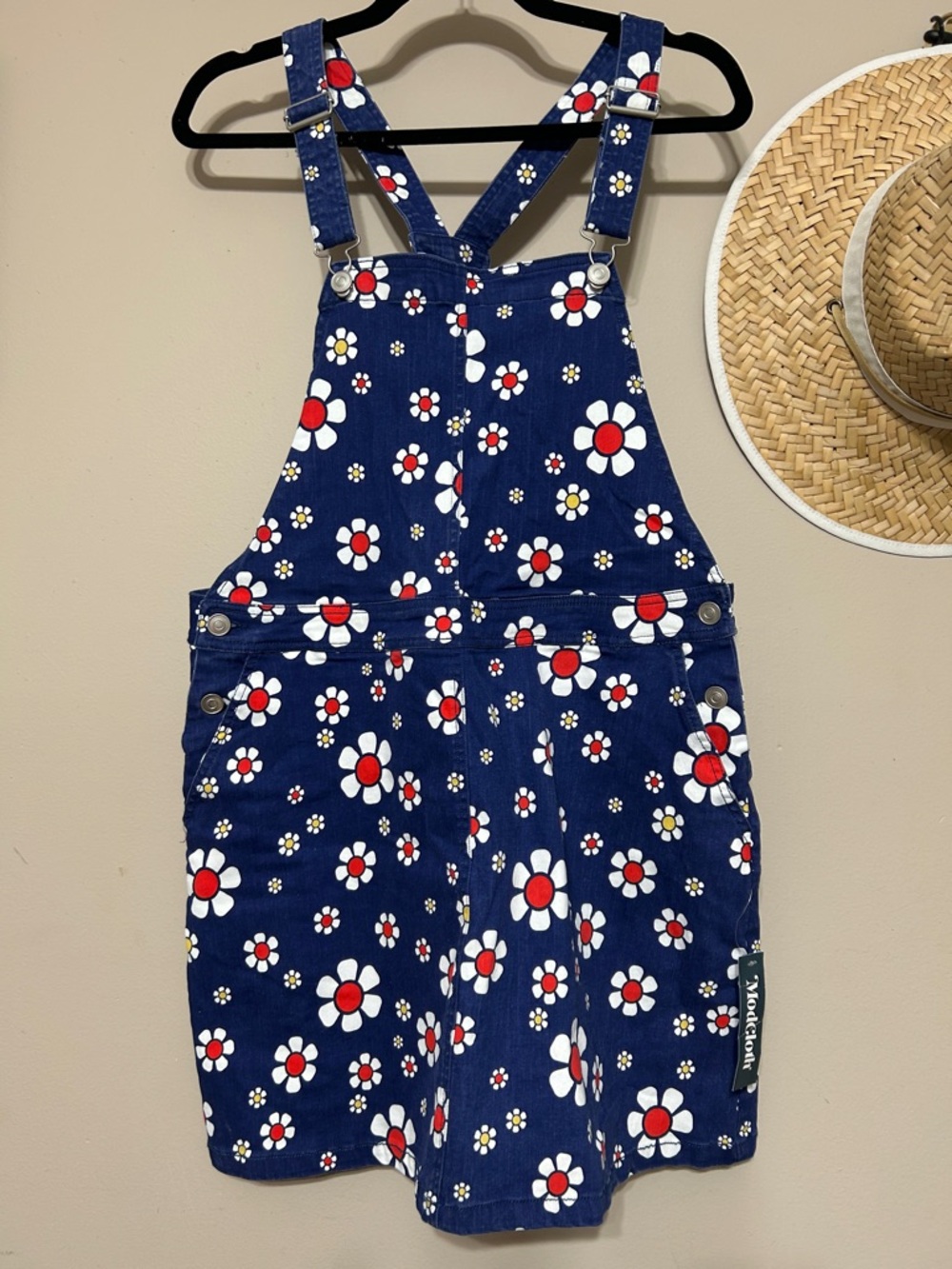 Modcloth Navy Floral Mini Overall Skirt with Red & White Daisies